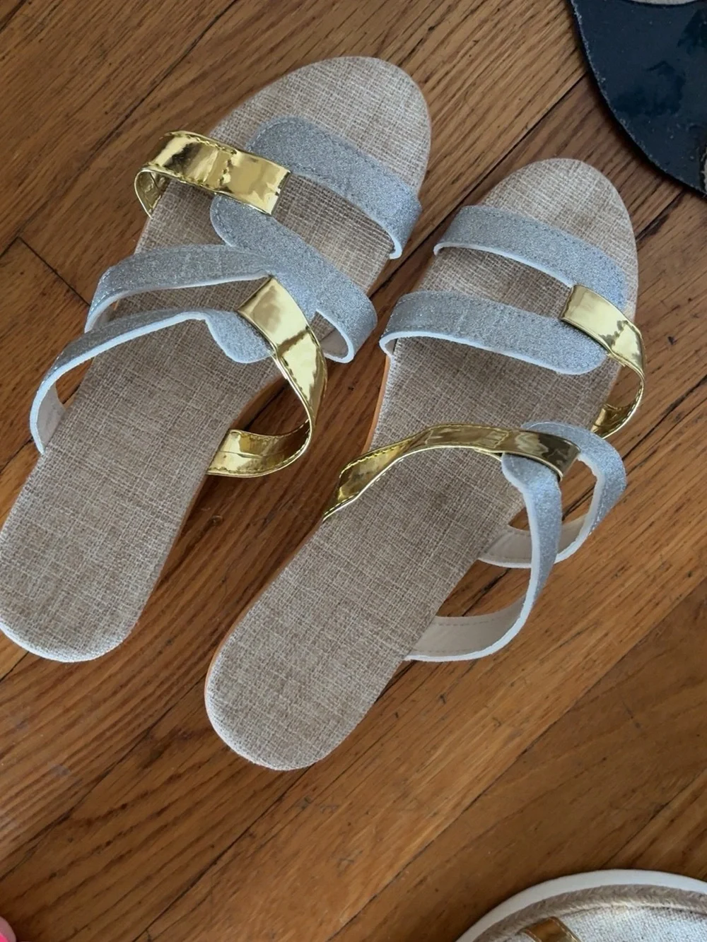 SHEIN Silver Glitter Sandals with Gold Accents